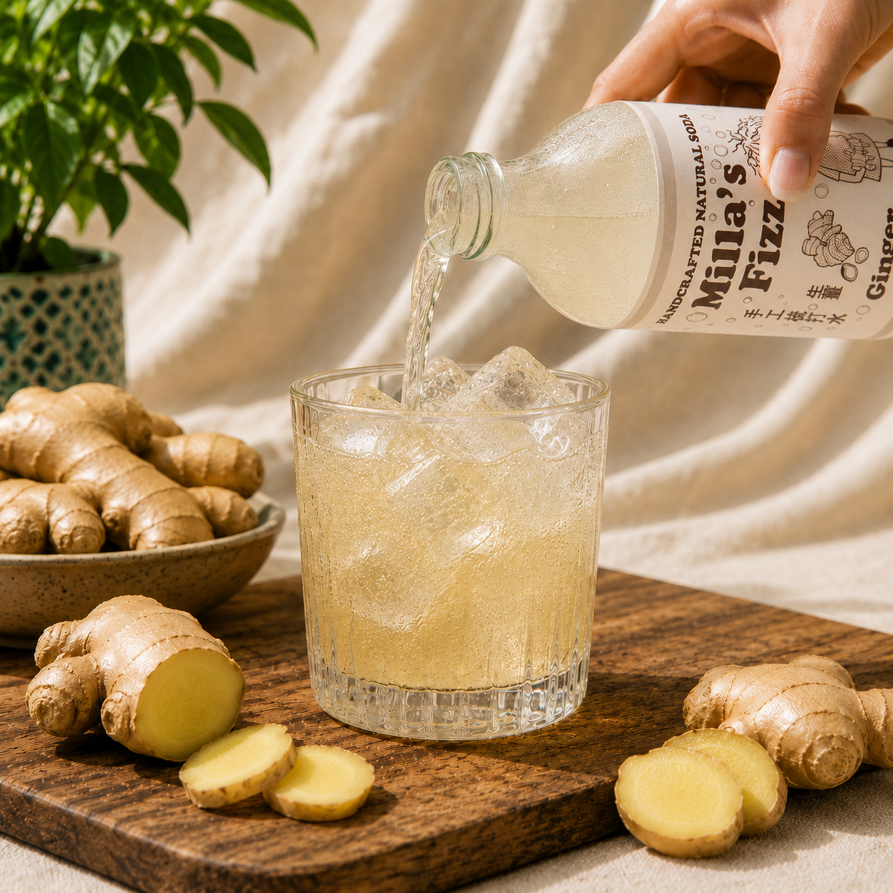 A hand pours a clear, bubbly ginger drink from a glass bottle labeled 'Mila's Fizz' into a clear glass filled with ice, set on a wooden board with fresh ginger roots and slices.