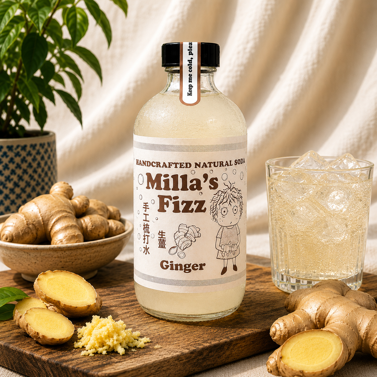 A bottle of Milla's Fizz Ginger handcrafted natural soda sits on a wooden cutting board surrounded by fresh ginger roots, minced ginger, and a glass of the fizzy drink. The background features draped cream fabric and a potted plant.