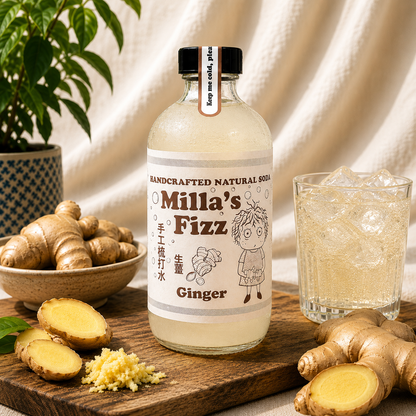 A bottle of Milla's Fizz Ginger handcrafted natural soda sits on a wooden cutting board surrounded by fresh ginger roots, minced ginger, and a glass of the fizzy drink. The background features draped cream fabric and a potted plant.
