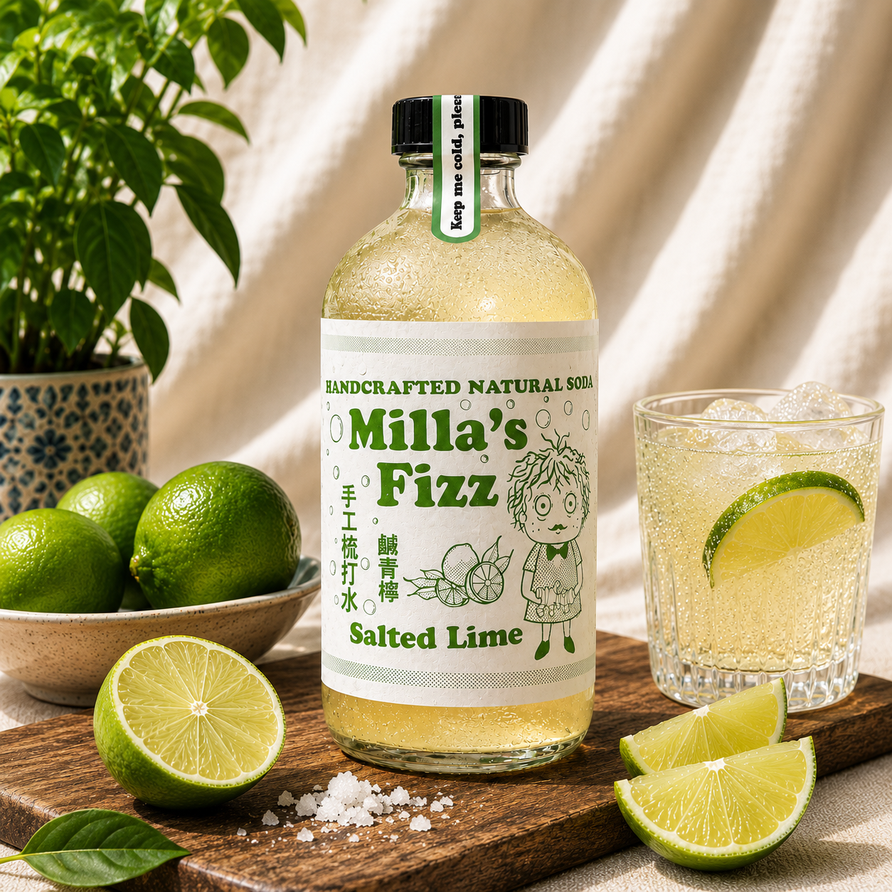 A bottle of Milla's Fizz Salted Lime handcrafted natural soda stands on a wooden board with lime wedges, a glass of the fizzy drink, and whole/lime lime slices, set against a draped cream fabric backdrop with a potted plant in the background.
