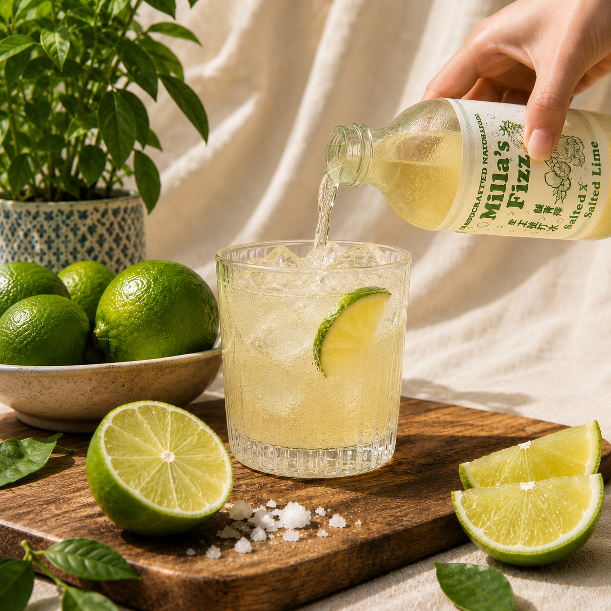 A hand pours a pale yellow citrus drink from a glass bottle labeled Mila'sFizz into a clear glass filled with ice and a lime wheel, set on a wooden board with limes, salt, and a potted plant in the background.