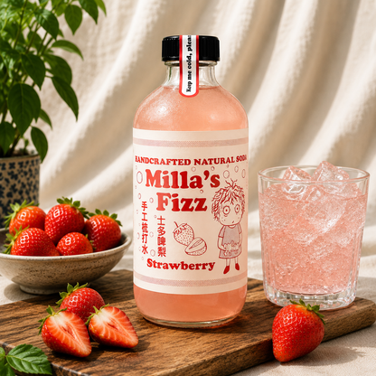 A bottle of pink strawberry soda labeled 'Milla's Fizz' sits on a wooden board beside a glass of the same pink drink, with fresh strawberries and a plant in the background.