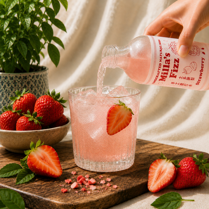 A hand pours pink sparkling strawberry drink from a clear bottle labeled Milla's Fizz into a glass with ice and a strawberry slice, set on a wooden board with fresh strawberries and a plant in the background.